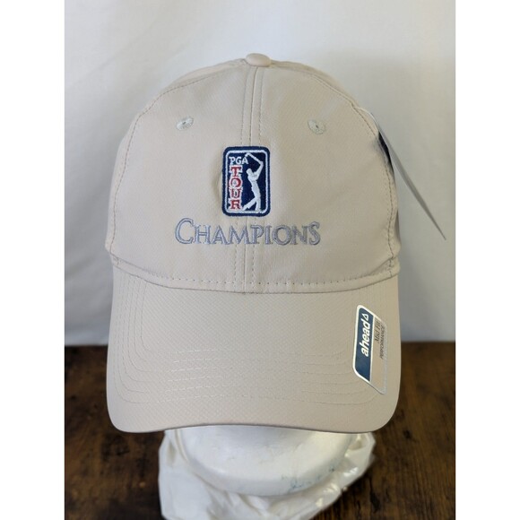 PGA Tour Champions Beige Strap Back Trucker Cap Baseball Hat AHEAD Classic Cut - Picture 1 of 11